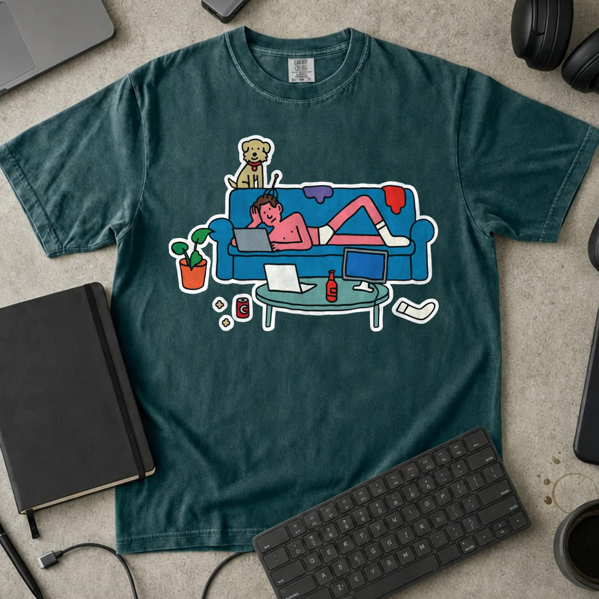 Couch Coder Living Room Shirt in Blue Spruce, Comfort Colors 1717 tee flat lay