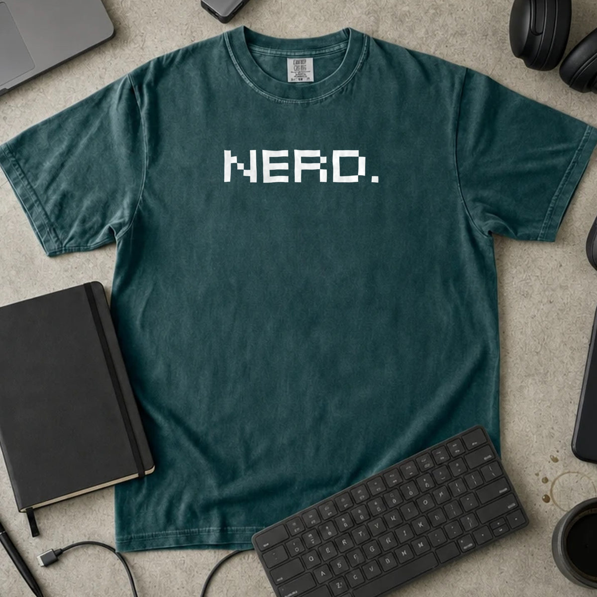 Nerd Pixel Shirt in Blue Spruce, Comfort Colors 1717 tee flat lay