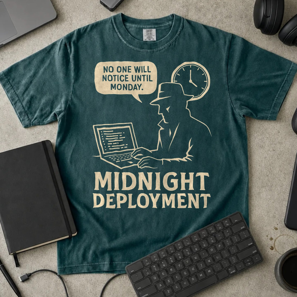 Midnight Deployment No One Will Notice Shirt in Blue Spruce, Comfort Colors 1717 tee flat lay
