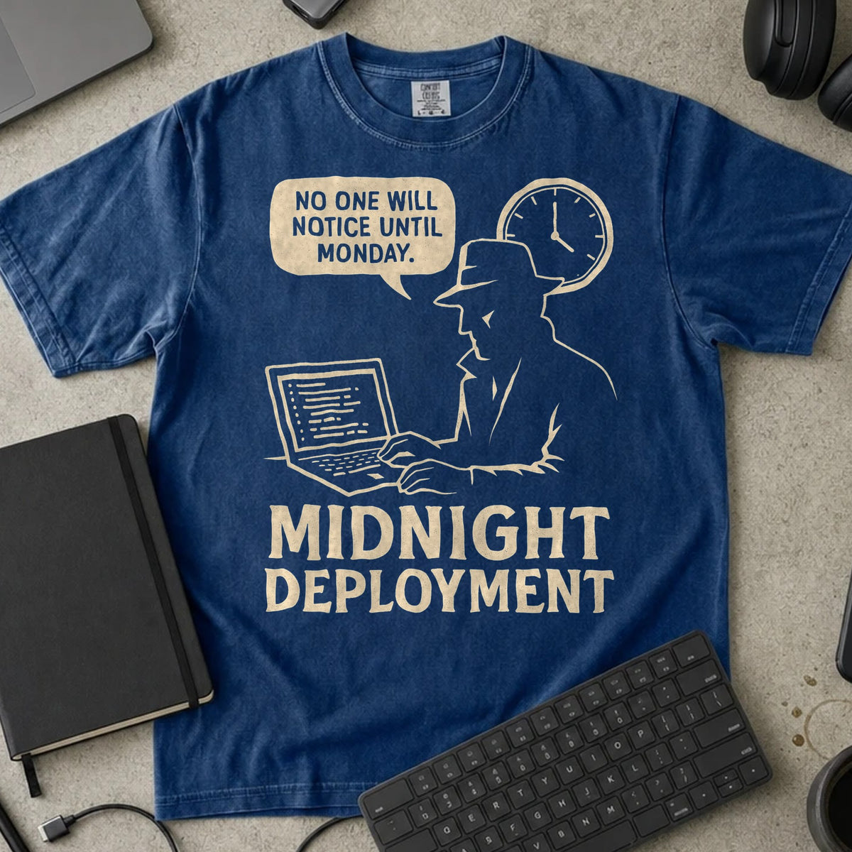 Midnight Deployment No One Will Notice Shirt in True Navy, Comfort Colors 1717 tee flat lay