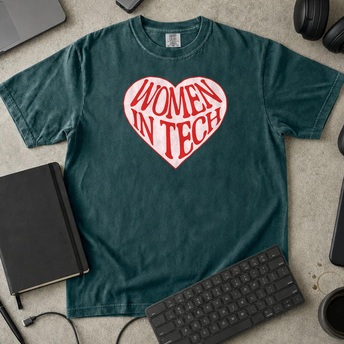 Women in Tech Heart Shirt in Blue Spruce, Comfort Colors 1717 tee flat lay