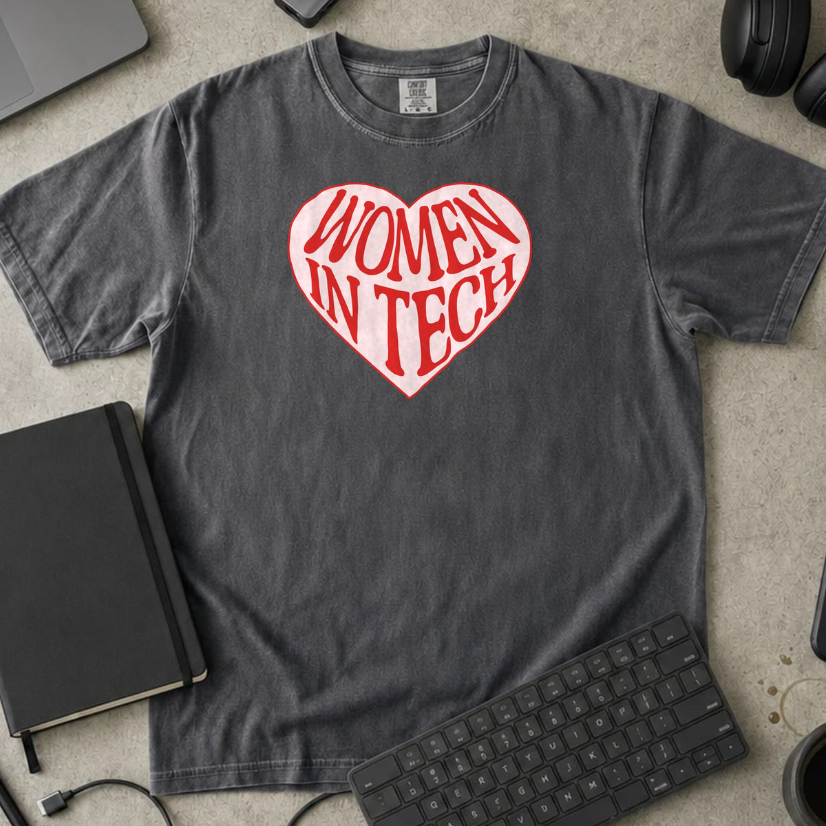 Women in Tech Heart Shirt in Pepper, Comfort Colors 1717 tee flat lay