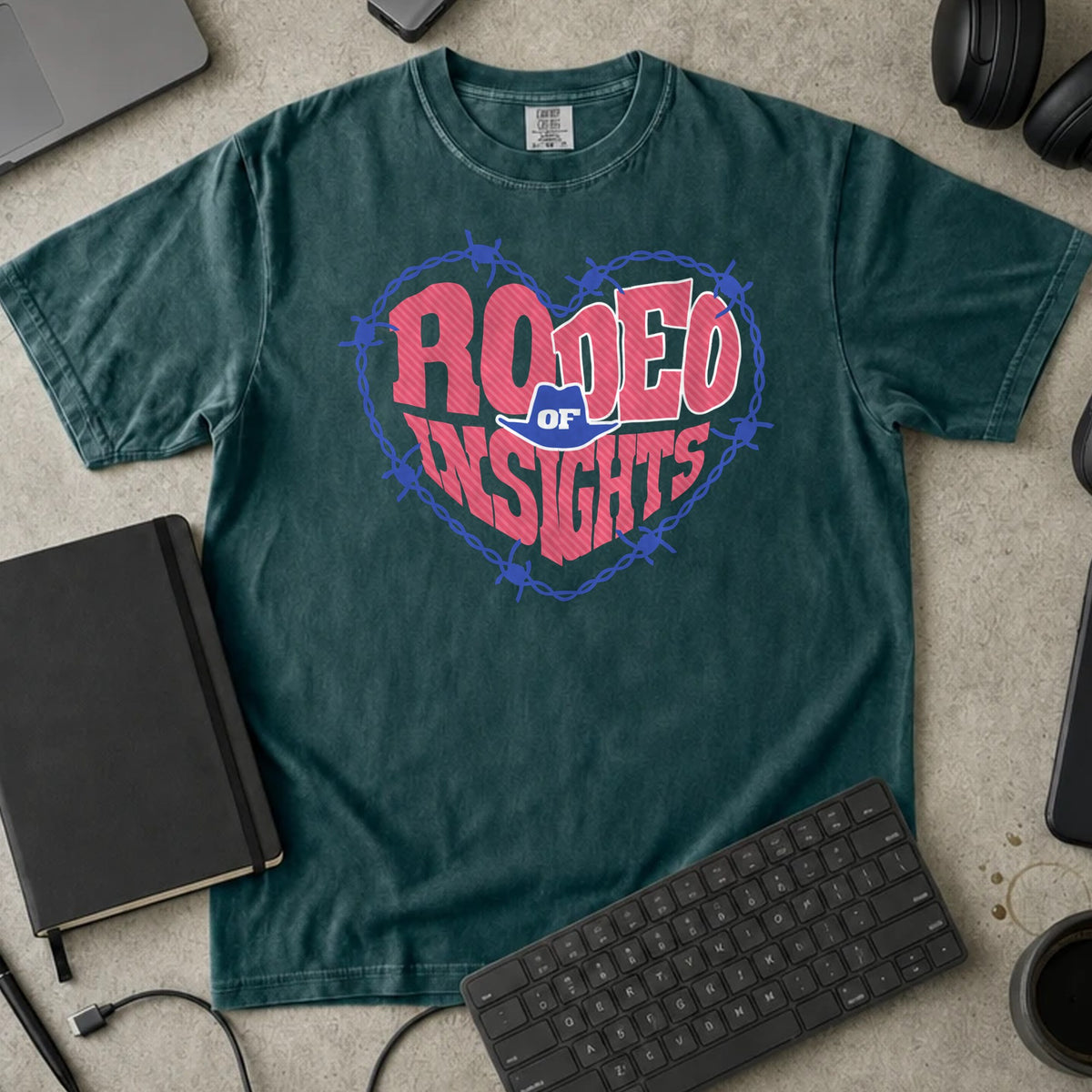 Rodeo of Insights Shirt in Blue Spruce, Comfort Colors 1717 tee flat lay