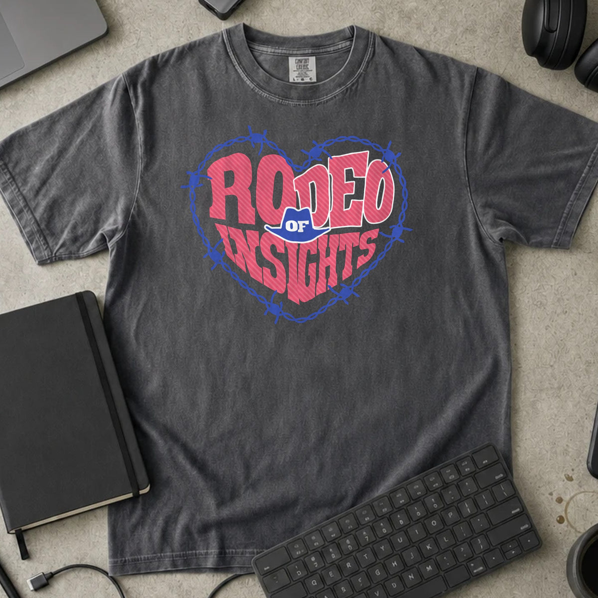 Rodeo of Insights Shirt in Pepper, Comfort Colors 1717 tee flat lay