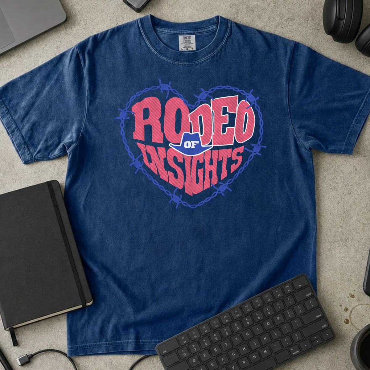 Rodeo of Insights Shirt in True Navy, Comfort Colors 1717 tee flat lay