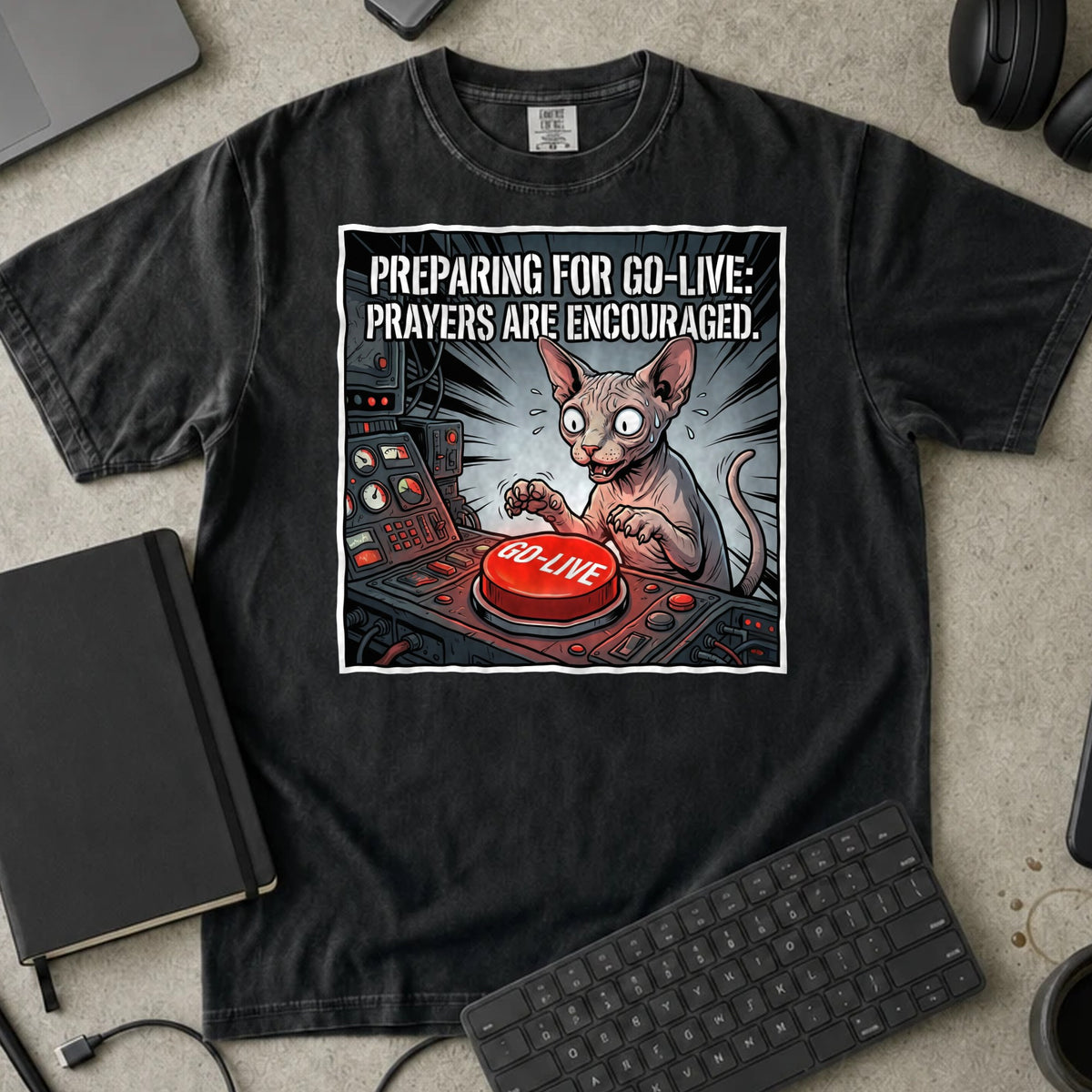 Preparing for Go-Live Prayers Encouraged Shirt in Black, Comfort Colors 1717 tee flat lay