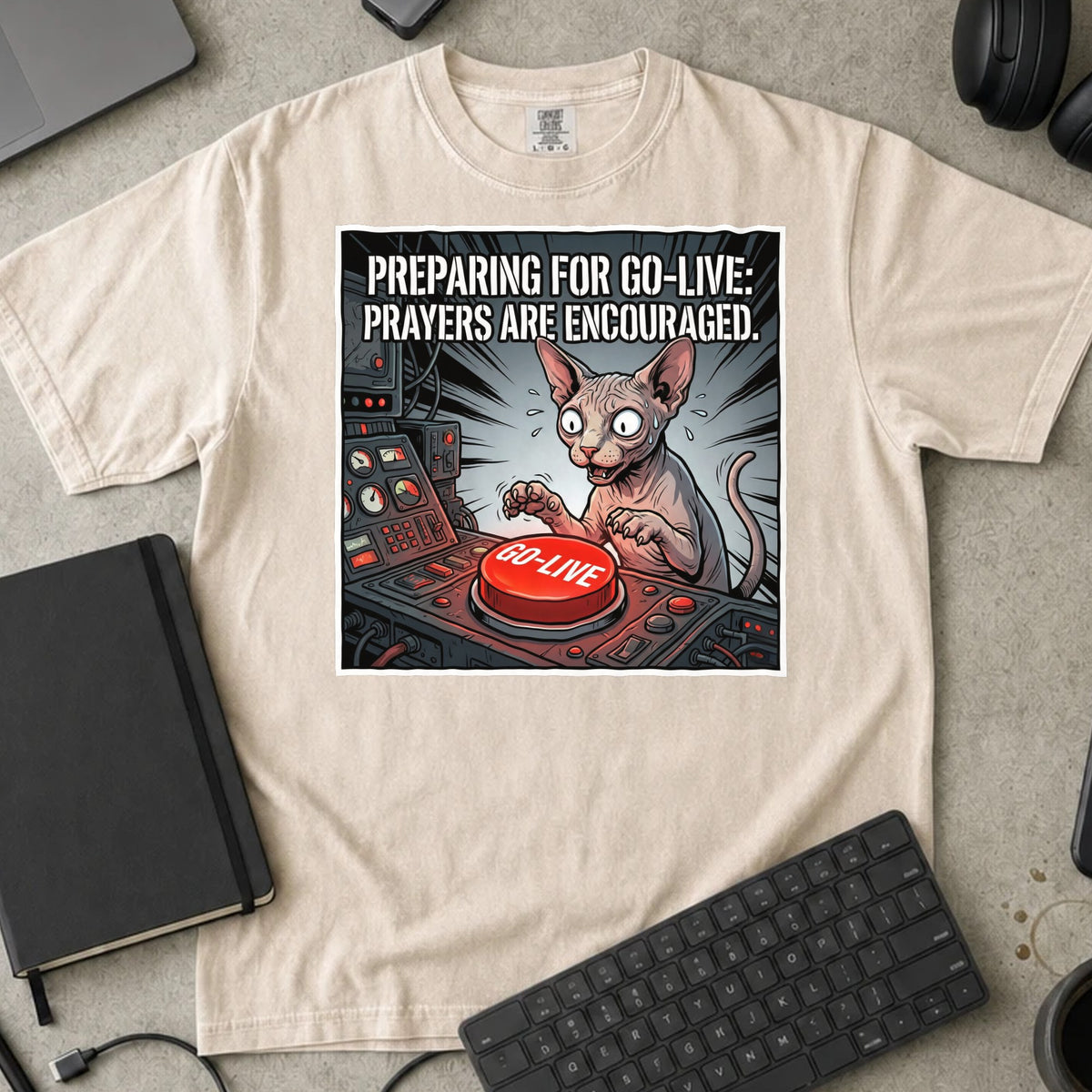 Preparing for Go-Live Prayers Encouraged Shirt in Ivory, Comfort Colors 1717 tee flat lay