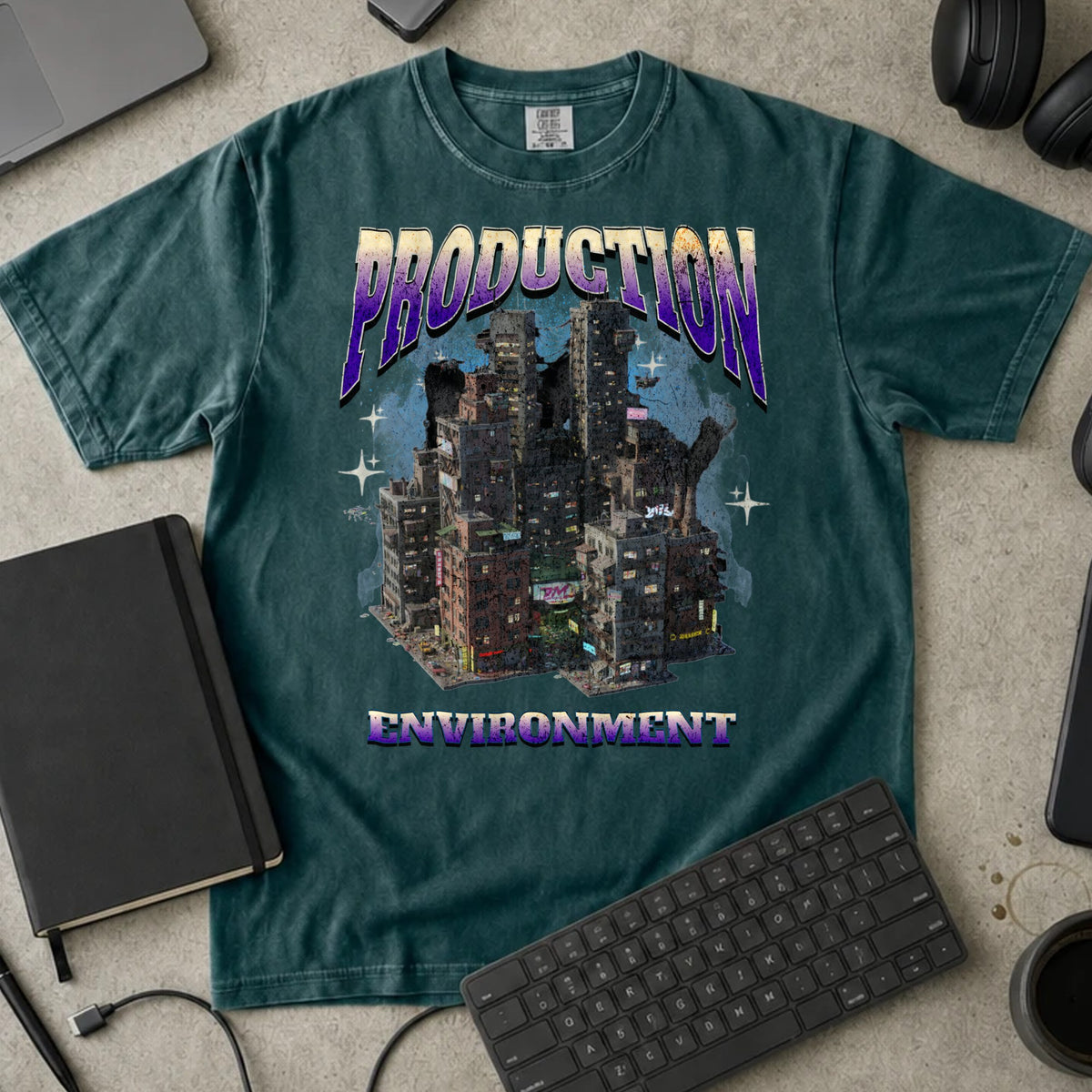 Production Environment Shirt in Blue Spruce, Comfort Colors 1717 tee flat lay