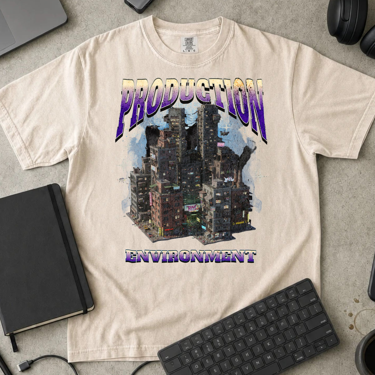 Production Environment Shirt in Ivory, Comfort Colors 1717 tee flat lay