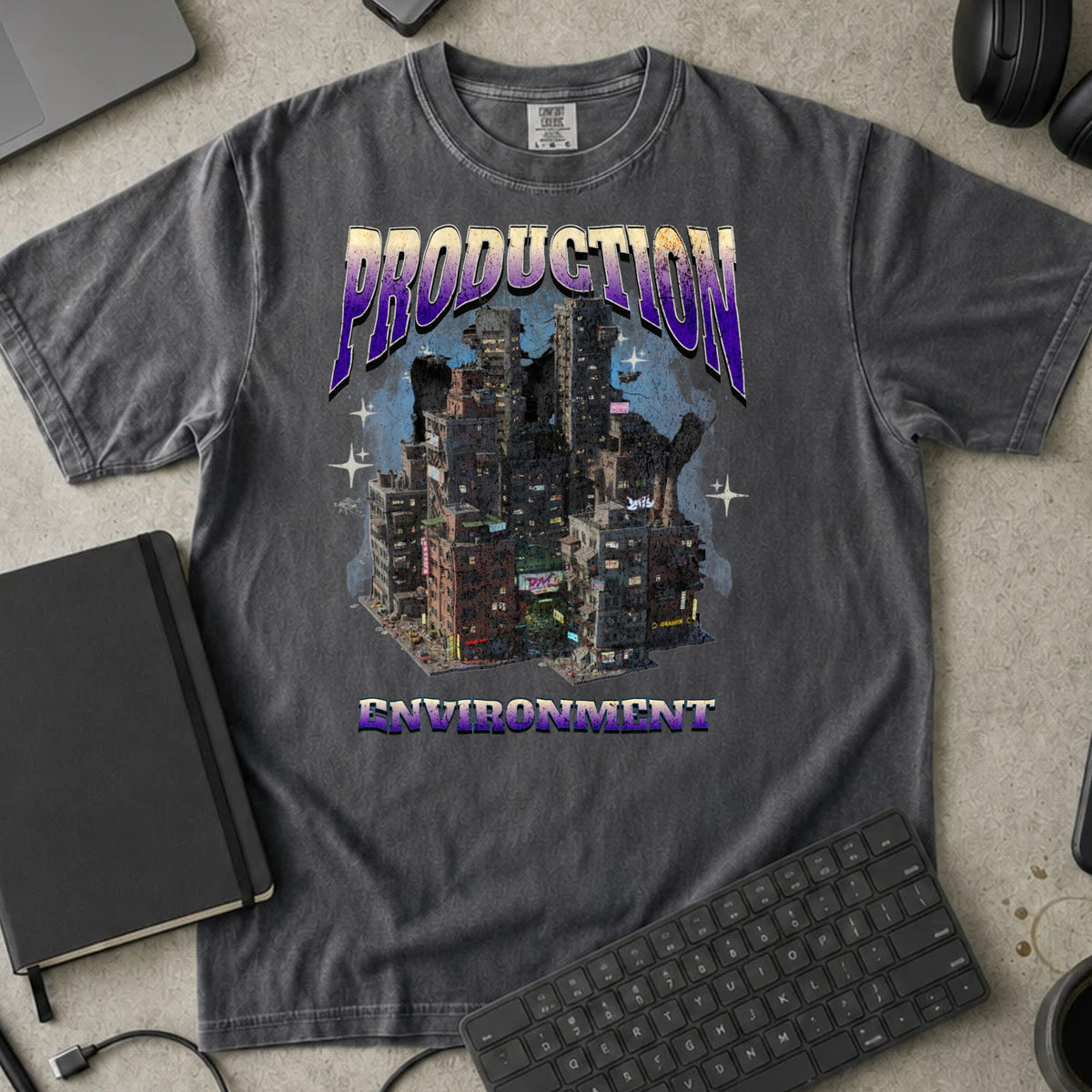 Production Environment Shirt in Pepper, Comfort Colors 1717 tee flat lay