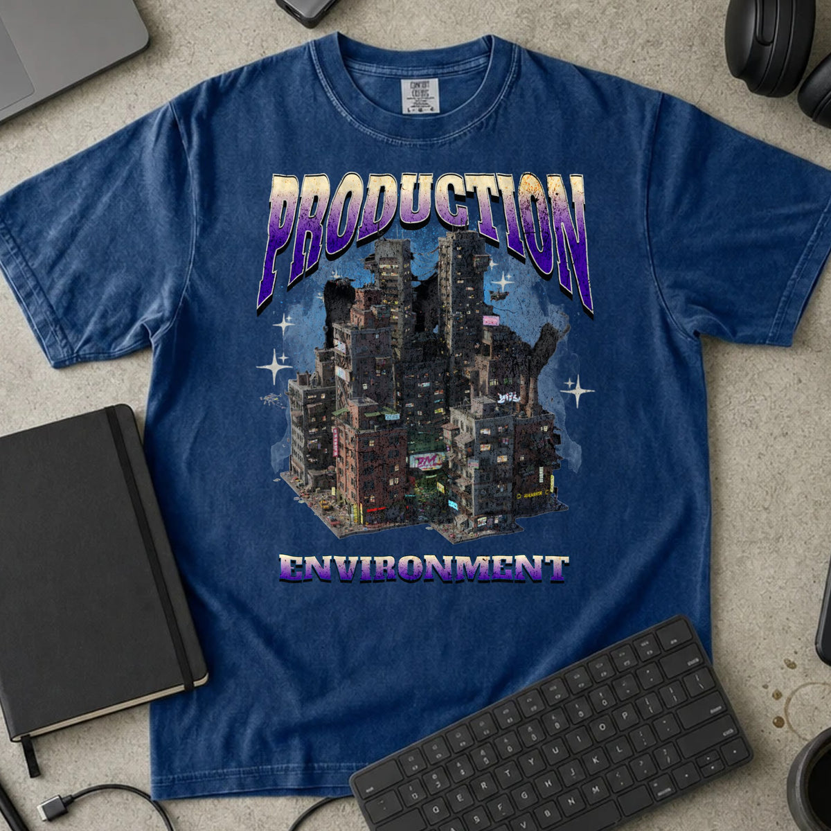Production Environment Shirt in True Navy, Comfort Colors 1717 tee flat lay