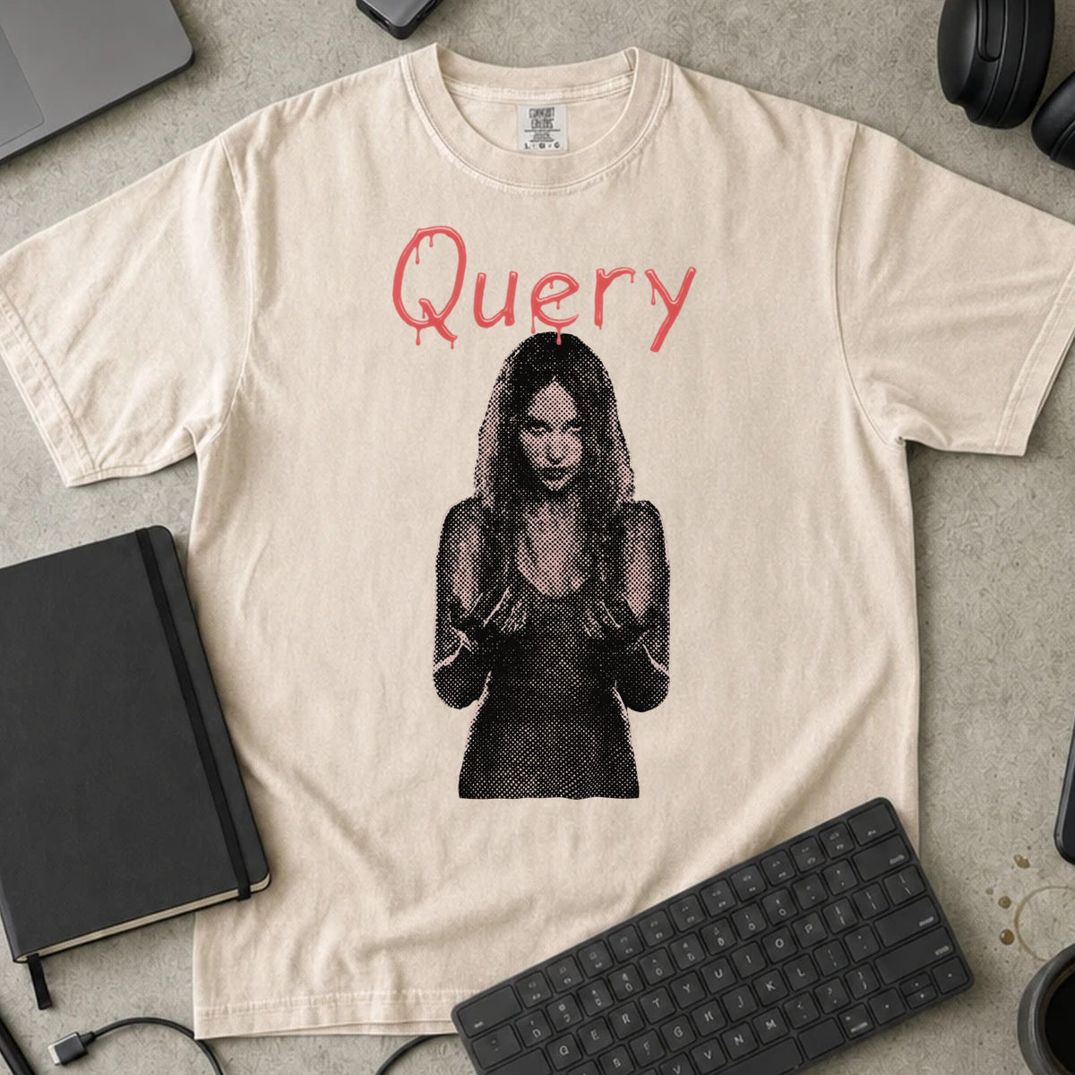 Query Shirt in Ivory, Comfort Colors 1717 tee flat lay