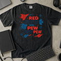 Red White and Pew Pew Pew Shirt in Black, Comfort Colors 1717 tee flat lay