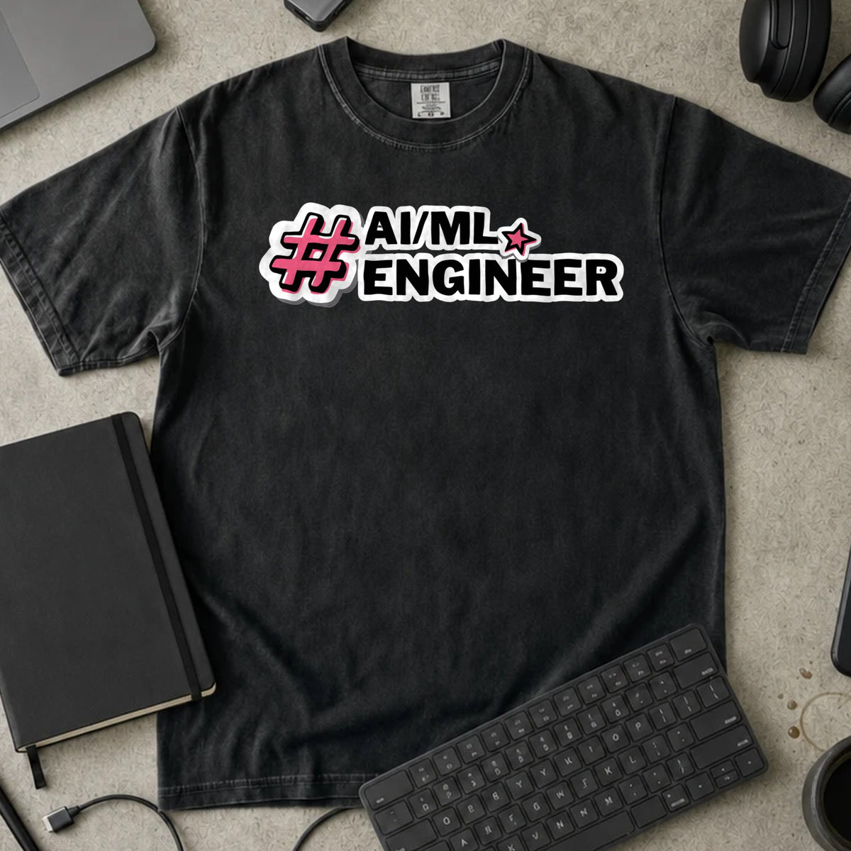 AI ML Engineer Hashtag Shirt in Black, Comfort Colors 1717 tee flat lay