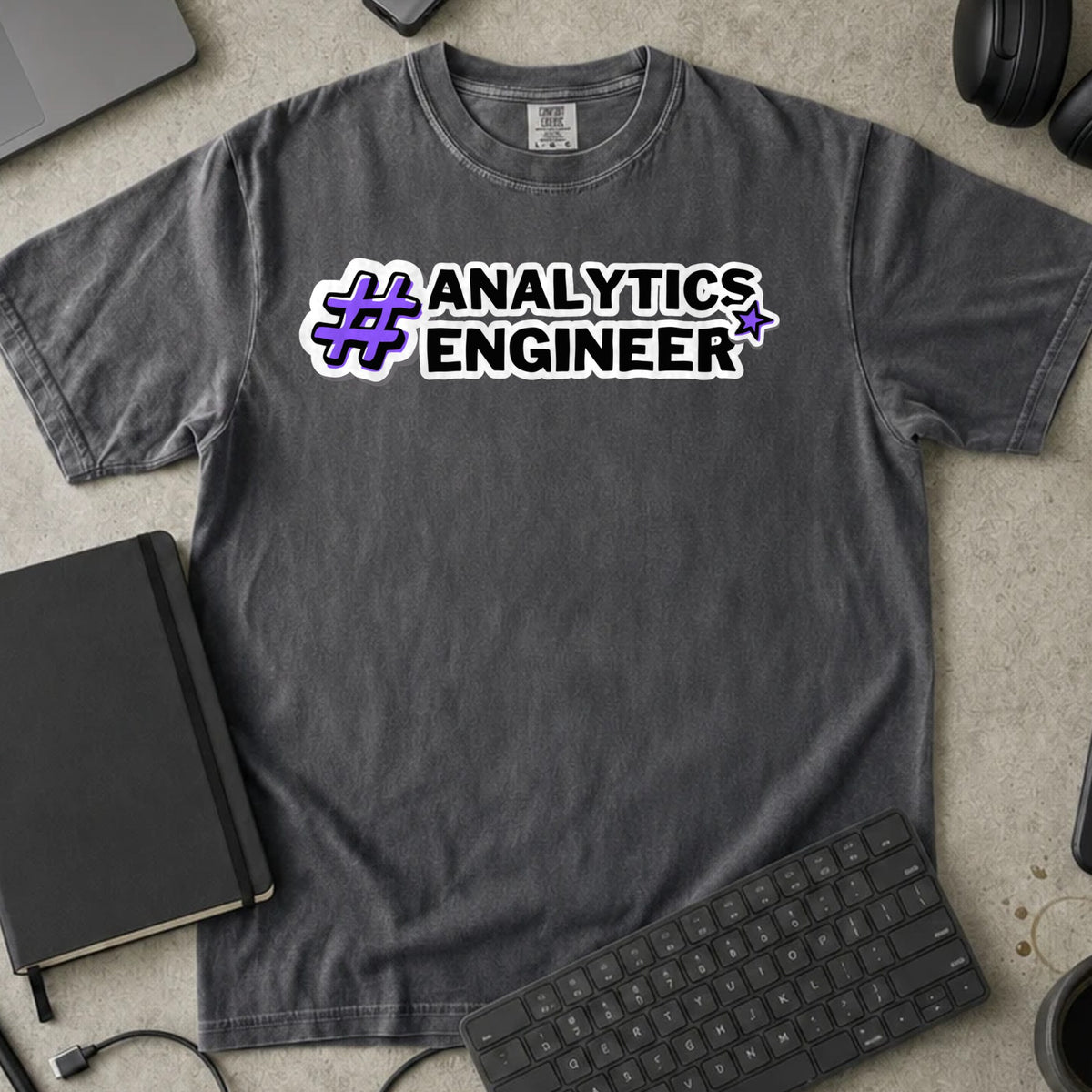 Analytics Engineer Hashtag Shirt in Pepper, Comfort Colors 1717 tee flat lay