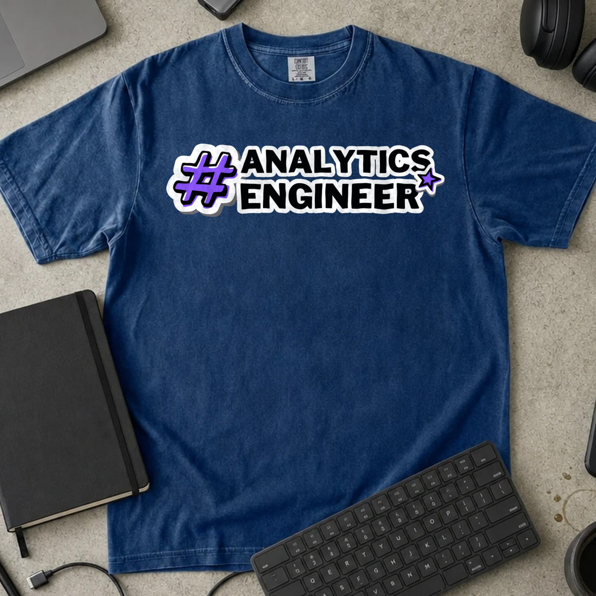 Analytics Engineer Hashtag Shirt in True Navy, Comfort Colors 1717 tee flat lay