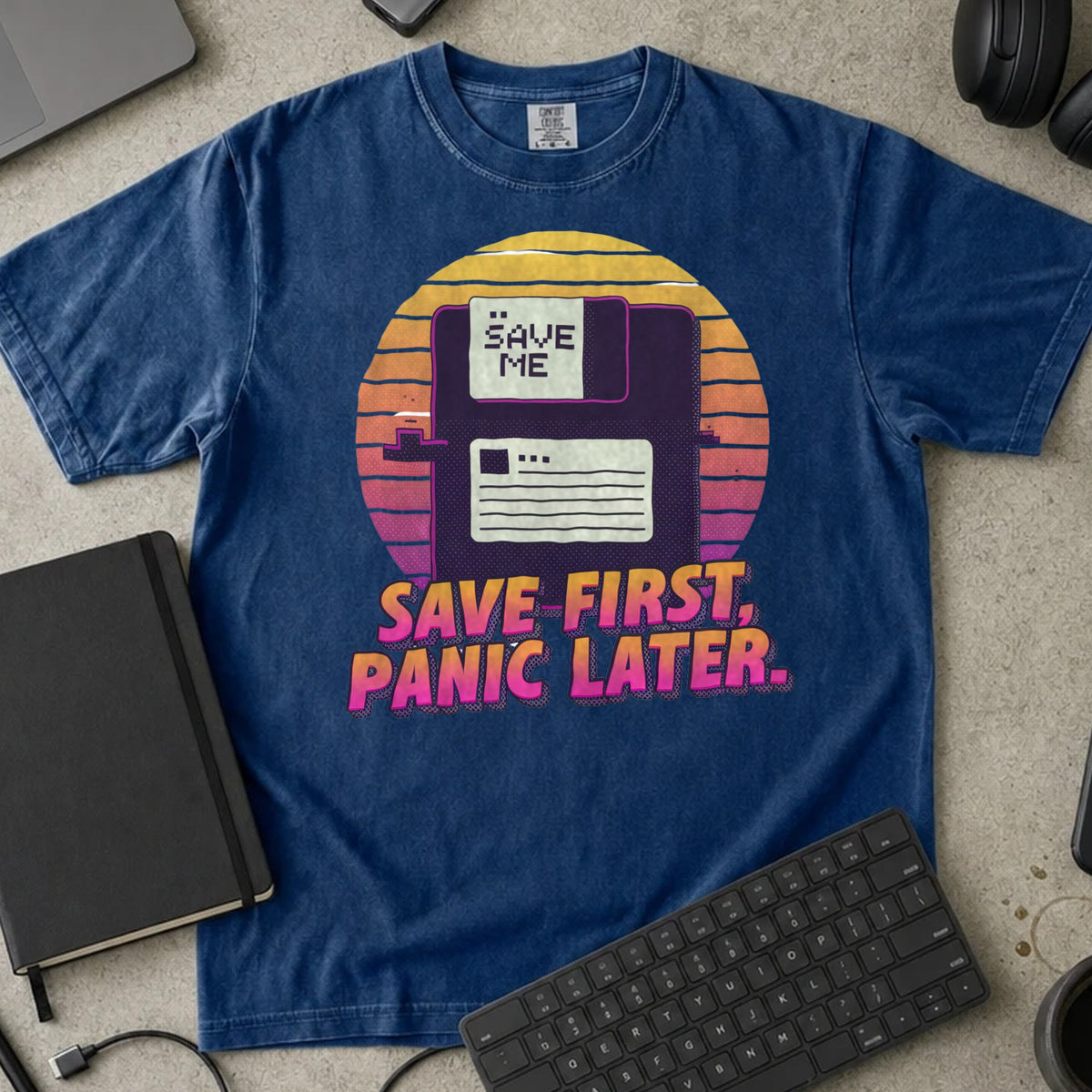 Save First Panic Later Shirt in True Navy, Comfort Colors 1717 tee flat lay