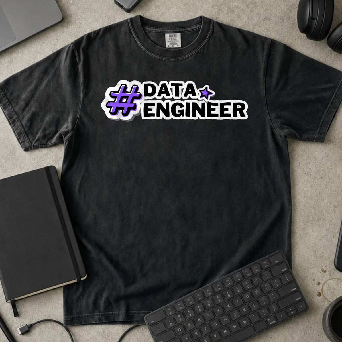 Data Engineer Hashtag Shirt in Black, Comfort Colors 1717 tee flat lay
