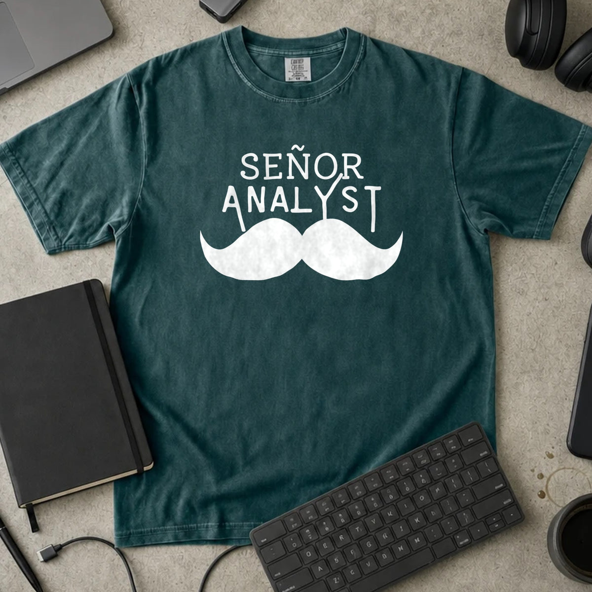 Senor Analyst Shirt in Blue Spruce, Comfort Colors 1717 tee flat lay