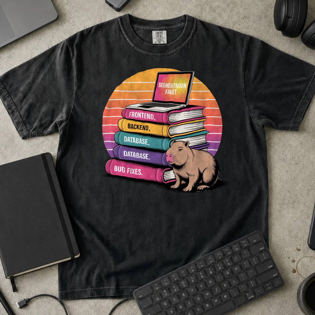 Segmentation Fault Capybara Shirt in Black, Comfort Colors 1717 tee flat lay