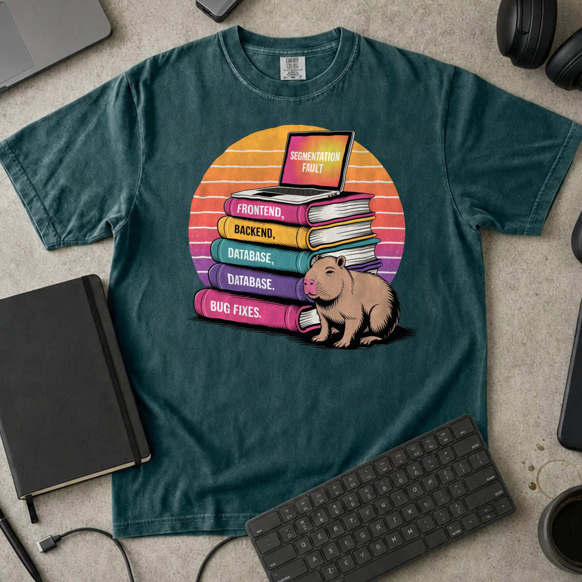 Segmentation Fault Capybara Shirt in Blue Spruce, Comfort Colors 1717 tee flat lay