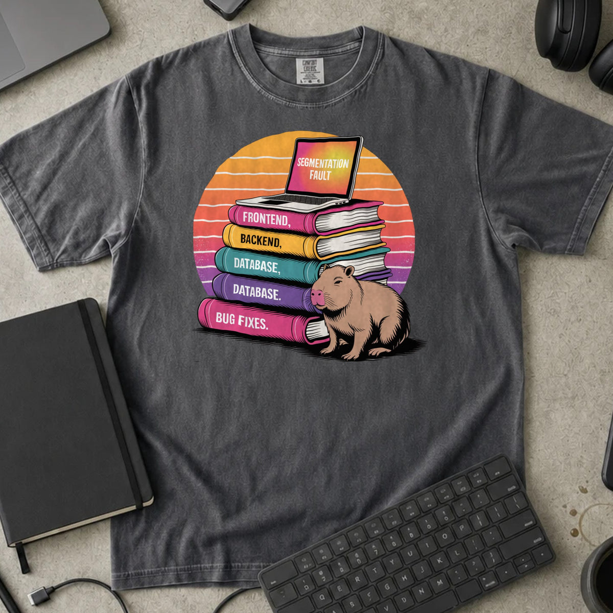 Segmentation Fault Capybara Shirt in Pepper, Comfort Colors 1717 tee flat lay
