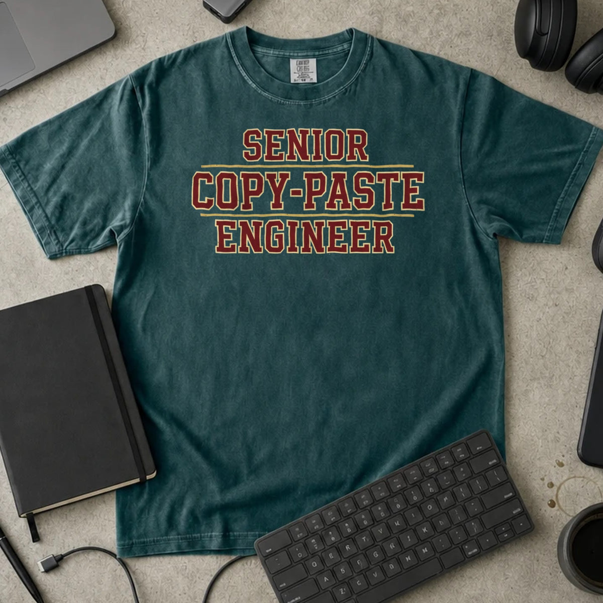 Senior Copy-Paste Engineer Shirt in Blue Spruce, Comfort Colors 1717 tee flat lay