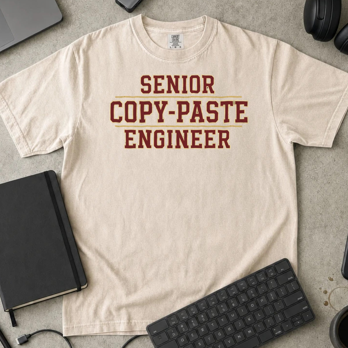 Senior Copy-Paste Engineer Shirt in Ivory, Comfort Colors 1717 tee flat lay