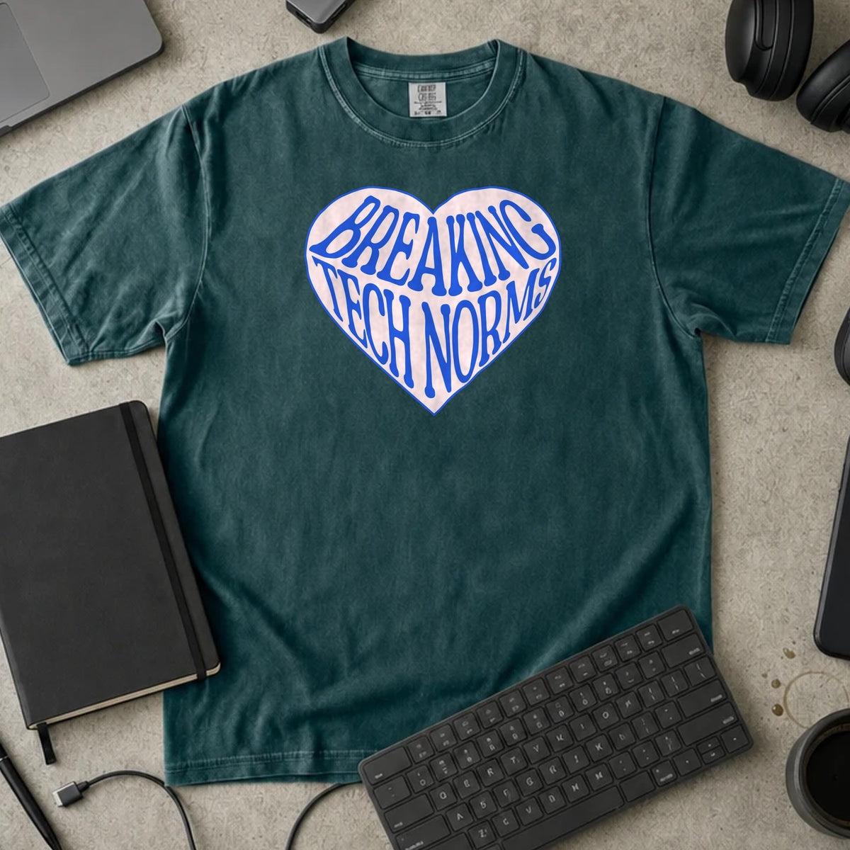Breaking Tech Norms Shirt in Blue Spruce, Comfort Colors 1717 tee flat lay
