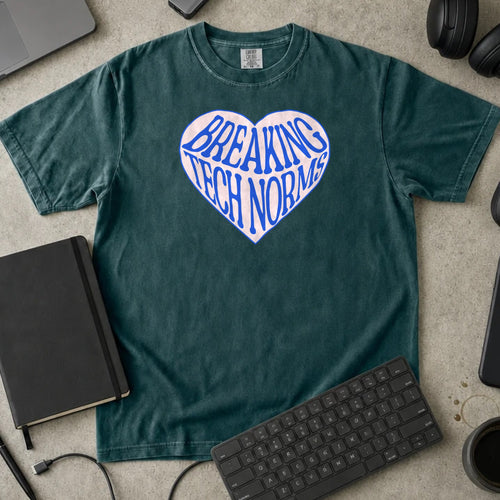 Breaking Tech Norms Shirt in Blue Spruce, Comfort Colors 1717 tee flat lay