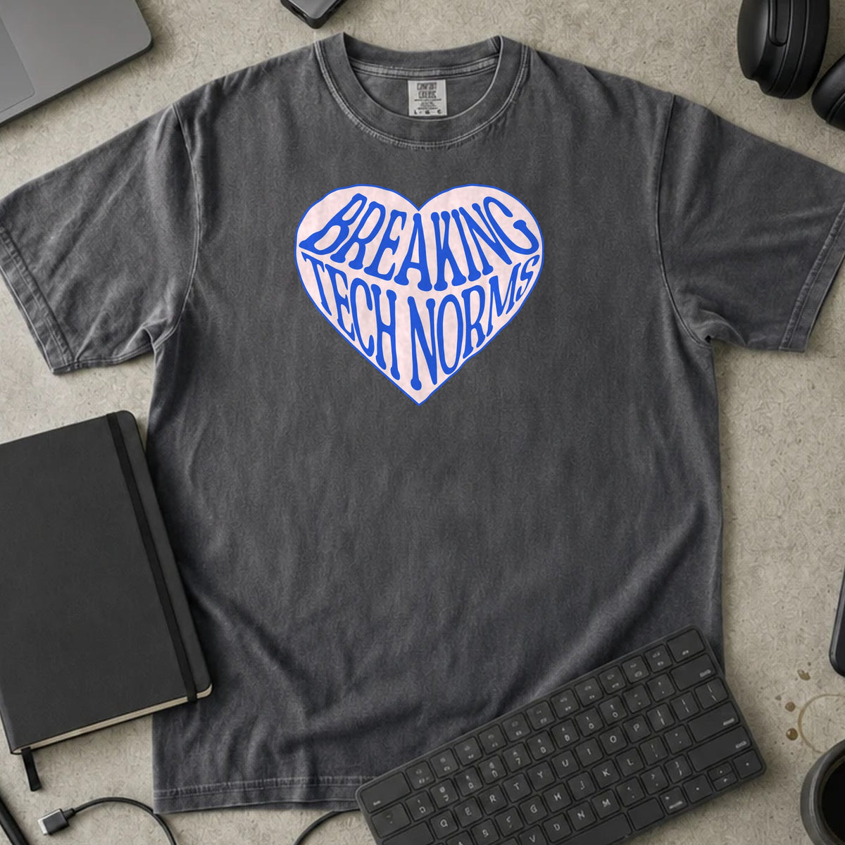 Breaking Tech Norms Shirt in Pepper, Comfort Colors 1717 tee flat lay
