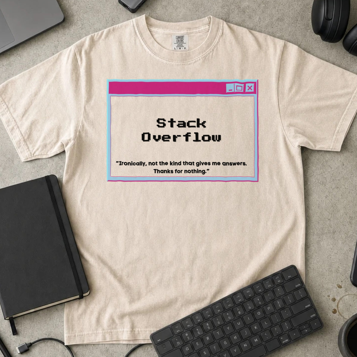Stack Overflow Error Window Shirt in Ivory, Comfort Colors 1717 tee flat lay
