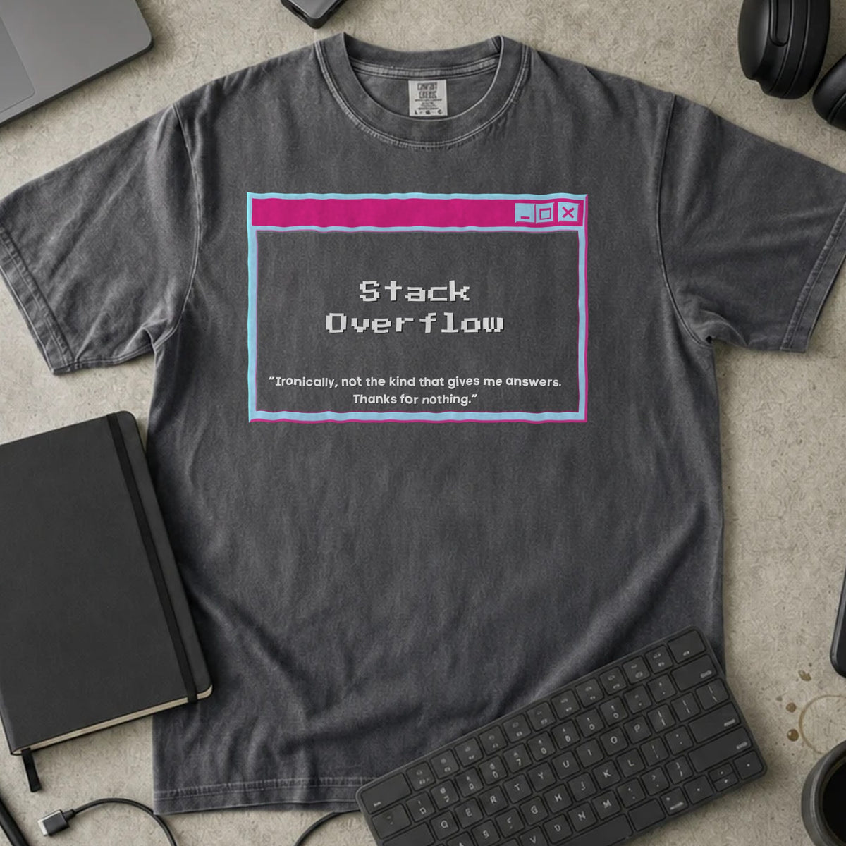 Stack Overflow Error Window Shirt in Pepper, Comfort Colors 1717 tee flat lay
