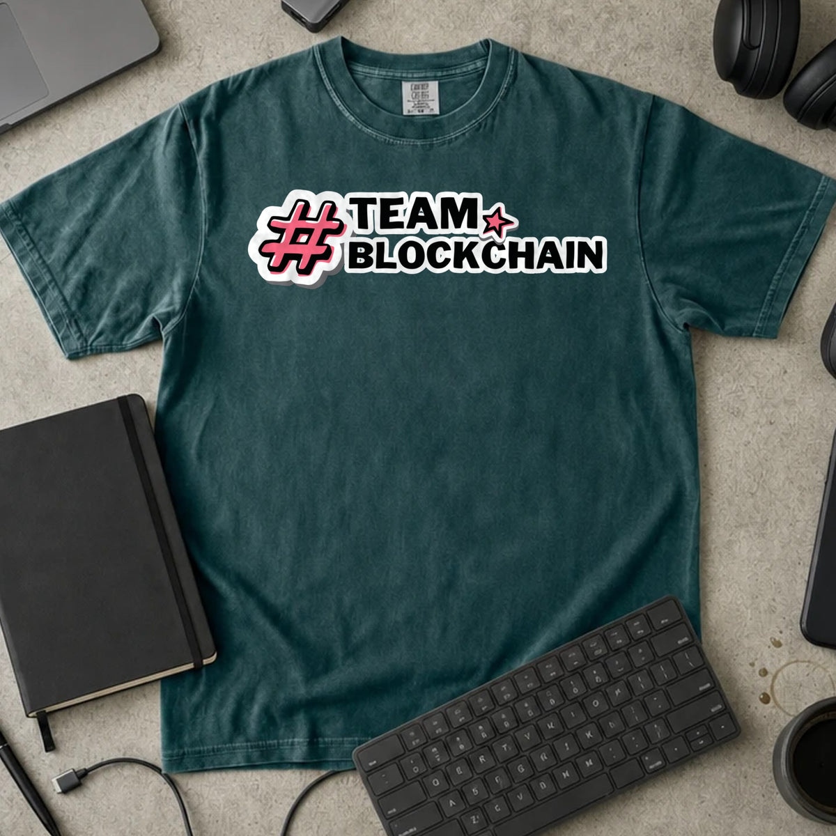 Team Blockchain Shirt in Blue Spruce, Comfort Colors 1717 tee flat lay