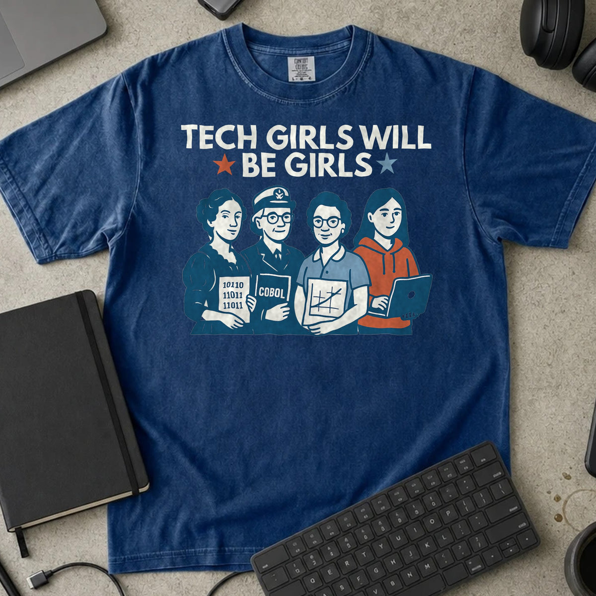 Tech Girls Will Be Girls Shirt in True Navy, Comfort Colors 1717 tee flat lay
