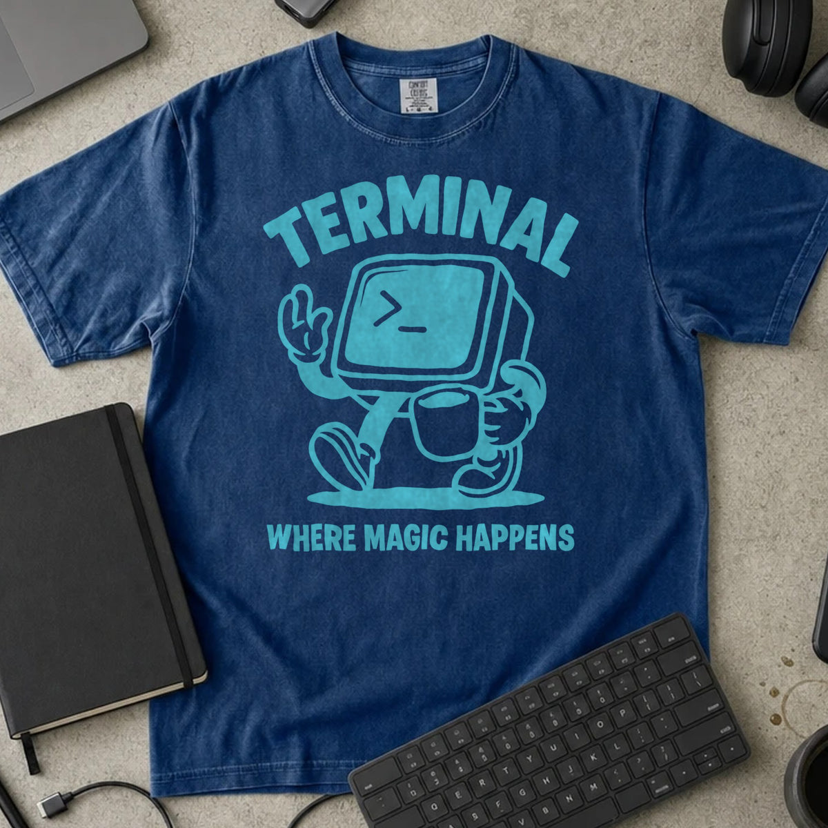 Terminal Where Magic Happens Shirt in True Navy, Comfort Colors 1717 tee flat lay