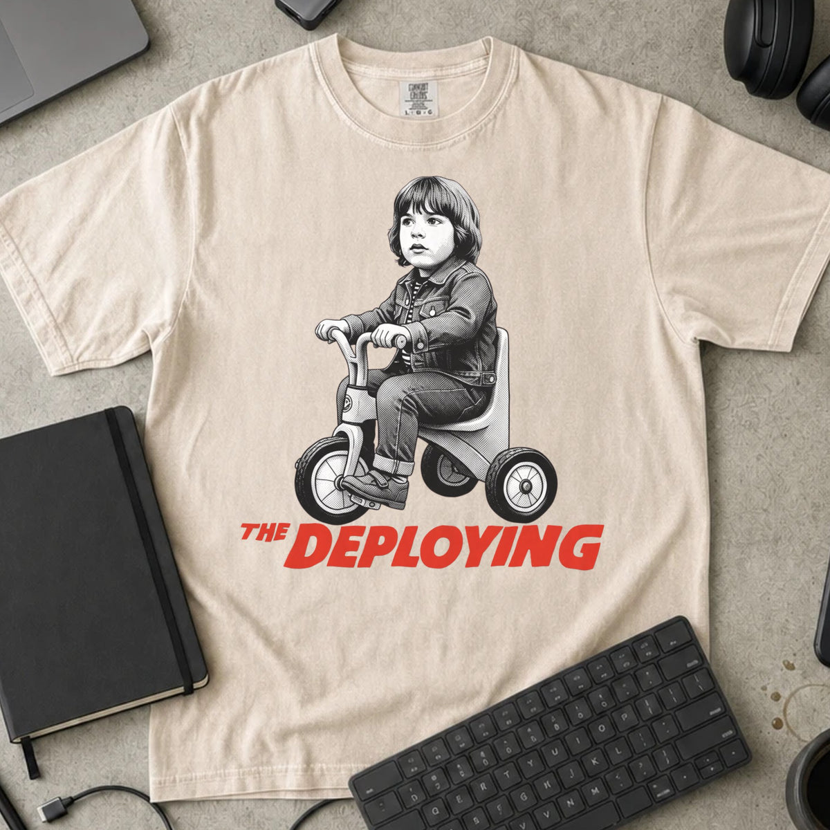 The Deploying Shirt in Ivory, Comfort Colors 1717 tee flat lay