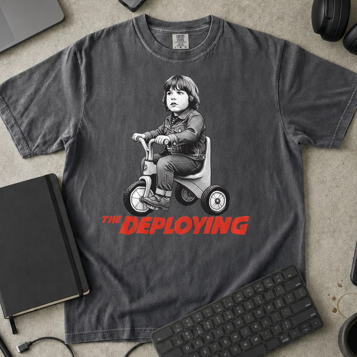 The Deploying Shirt in Pepper, Comfort Colors 1717 tee flat lay