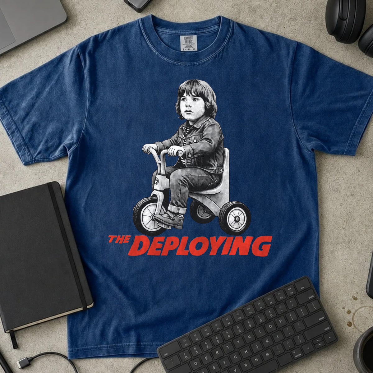 The Deploying Shirt in True Navy, Comfort Colors 1717 tee flat lay