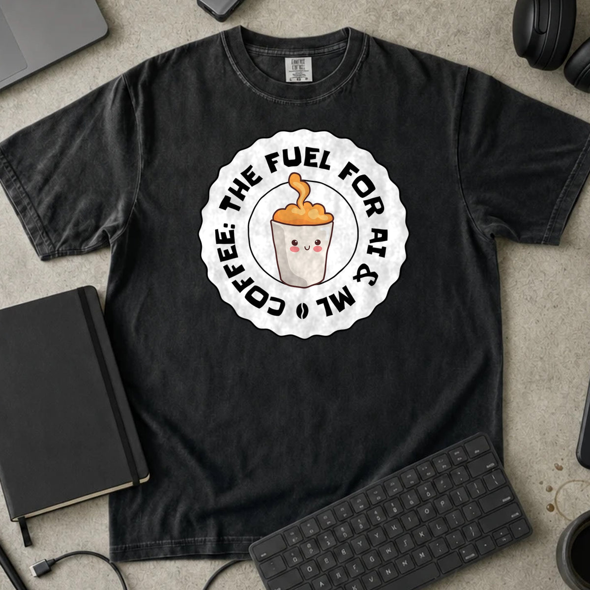 Coffee The Fuel for AI and ML Shirt in Black, Comfort Colors 1717 tee flat lay