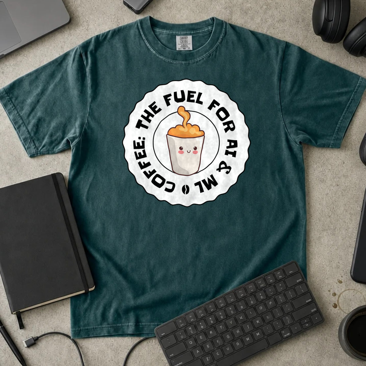 Coffee The Fuel for AI and ML Shirt in Blue Spruce, Comfort Colors 1717 tee flat lay