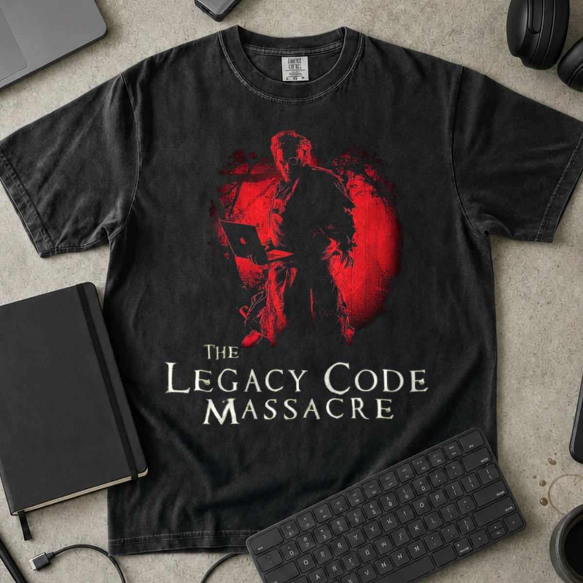 The Legacy Code Massacre Shirt in Black, Comfort Colors 1717 tee flat lay