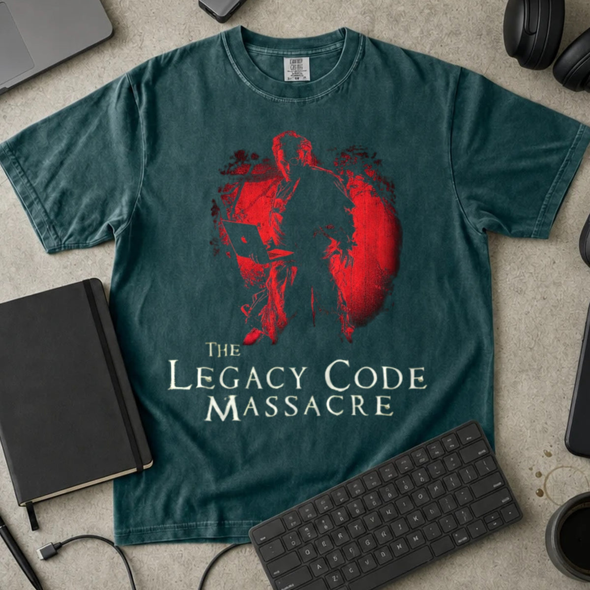 The Legacy Code Massacre Shirt in Blue Spruce, Comfort Colors 1717 tee flat lay