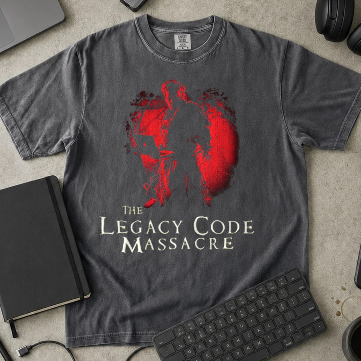 The Legacy Code Massacre Shirt in Pepper, Comfort Colors 1717 tee flat lay
