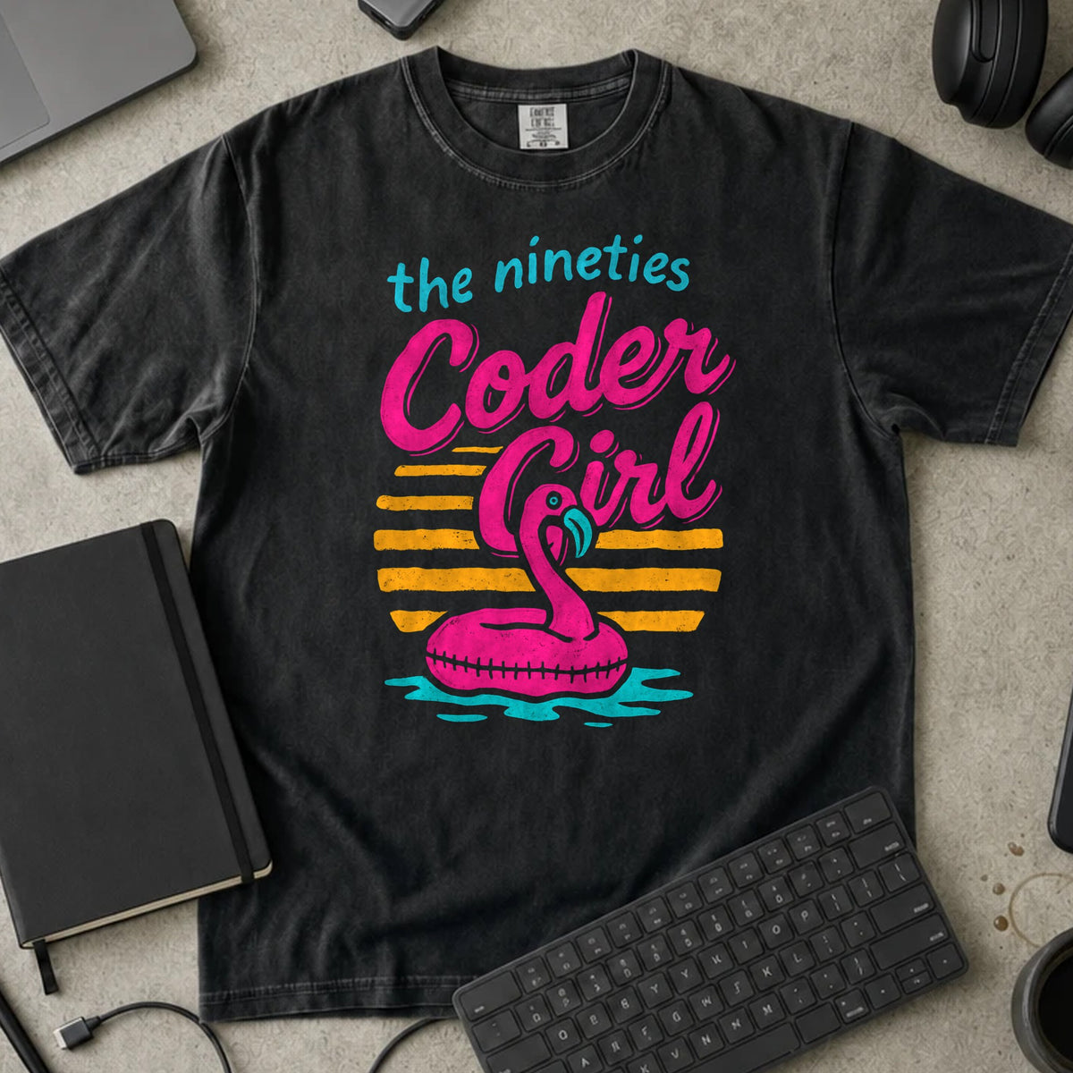 The Nineties Coder Girl Shirt in Black, Comfort Colors 1717 tee flat lay