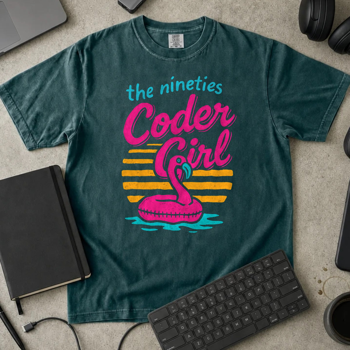 The Nineties Coder Girl Shirt in Blue Spruce, Comfort Colors 1717 tee flat lay