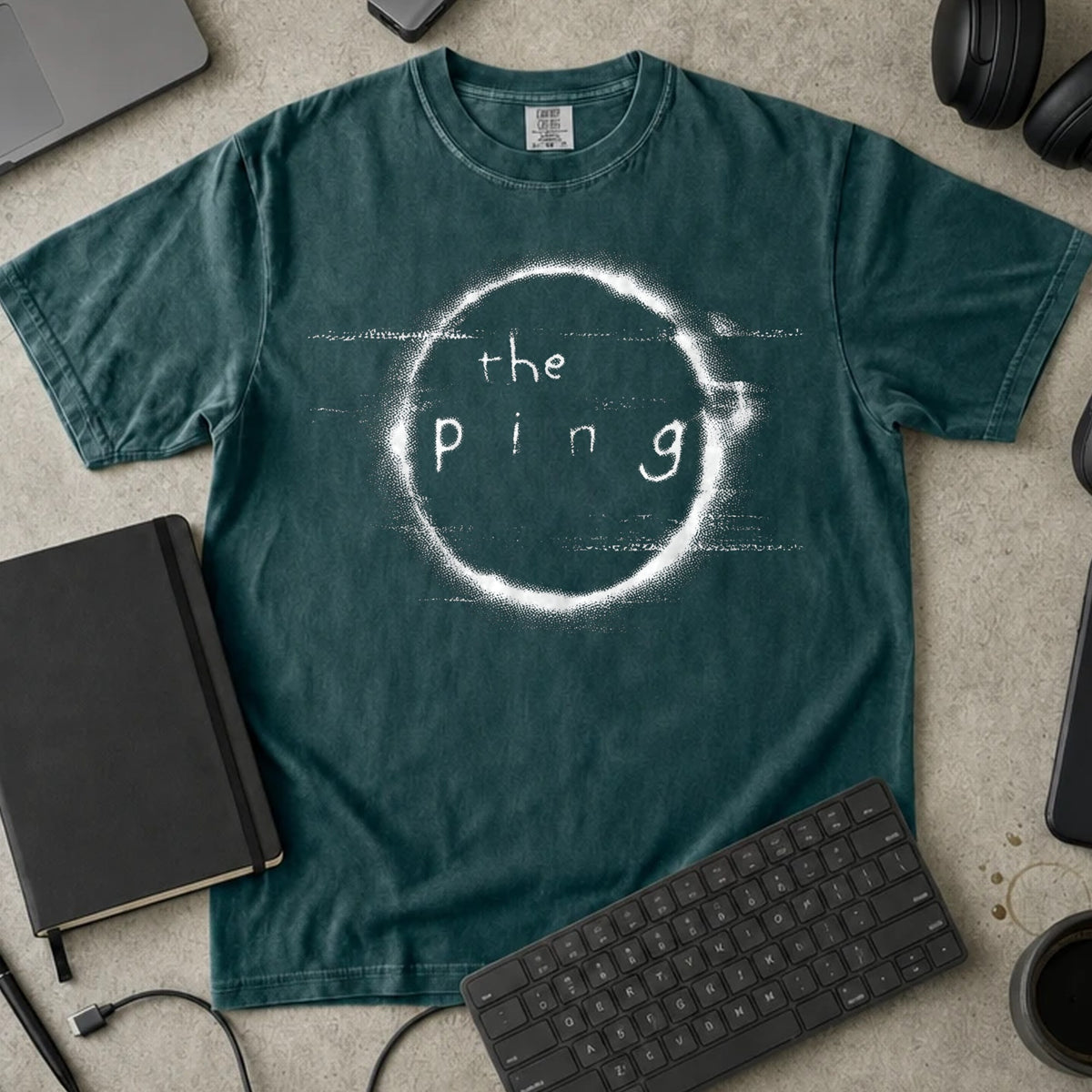 The Ping Shirt in Blue Spruce, Comfort Colors 1717 tee flat lay