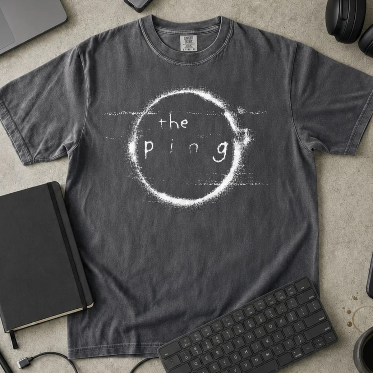 The Ping Shirt in Pepper, Comfort Colors 1717 tee flat lay