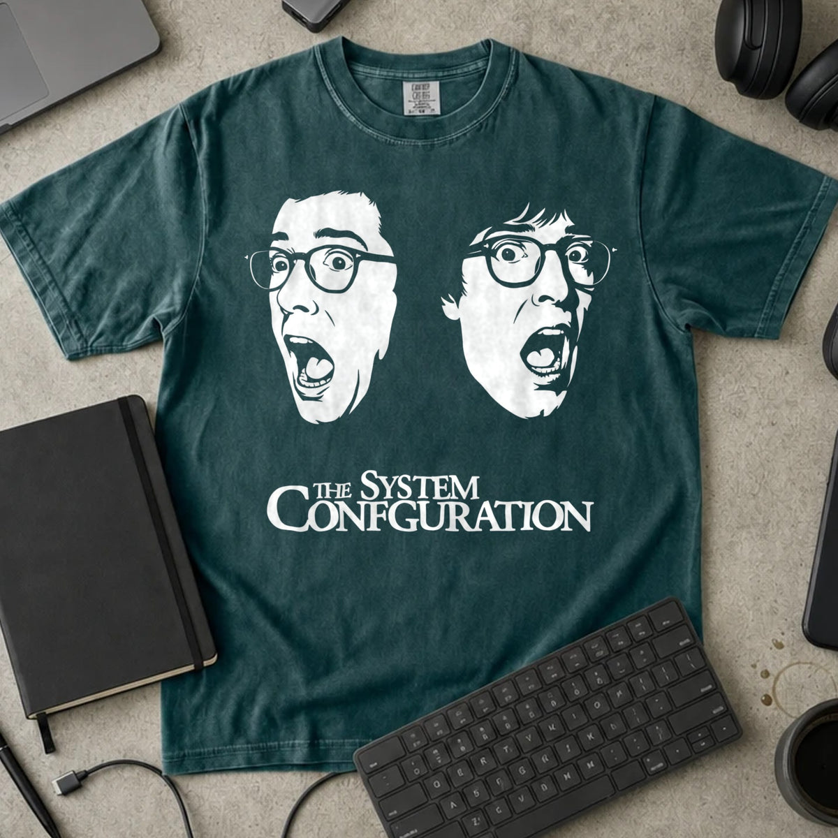 The System Configuration Shirt in Blue Spruce, Comfort Colors 1717 tee flat lay