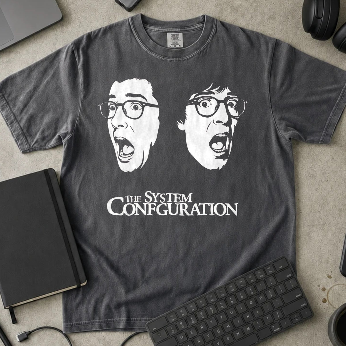 The System Configuration Shirt in Pepper, Comfort Colors 1717 tee flat lay